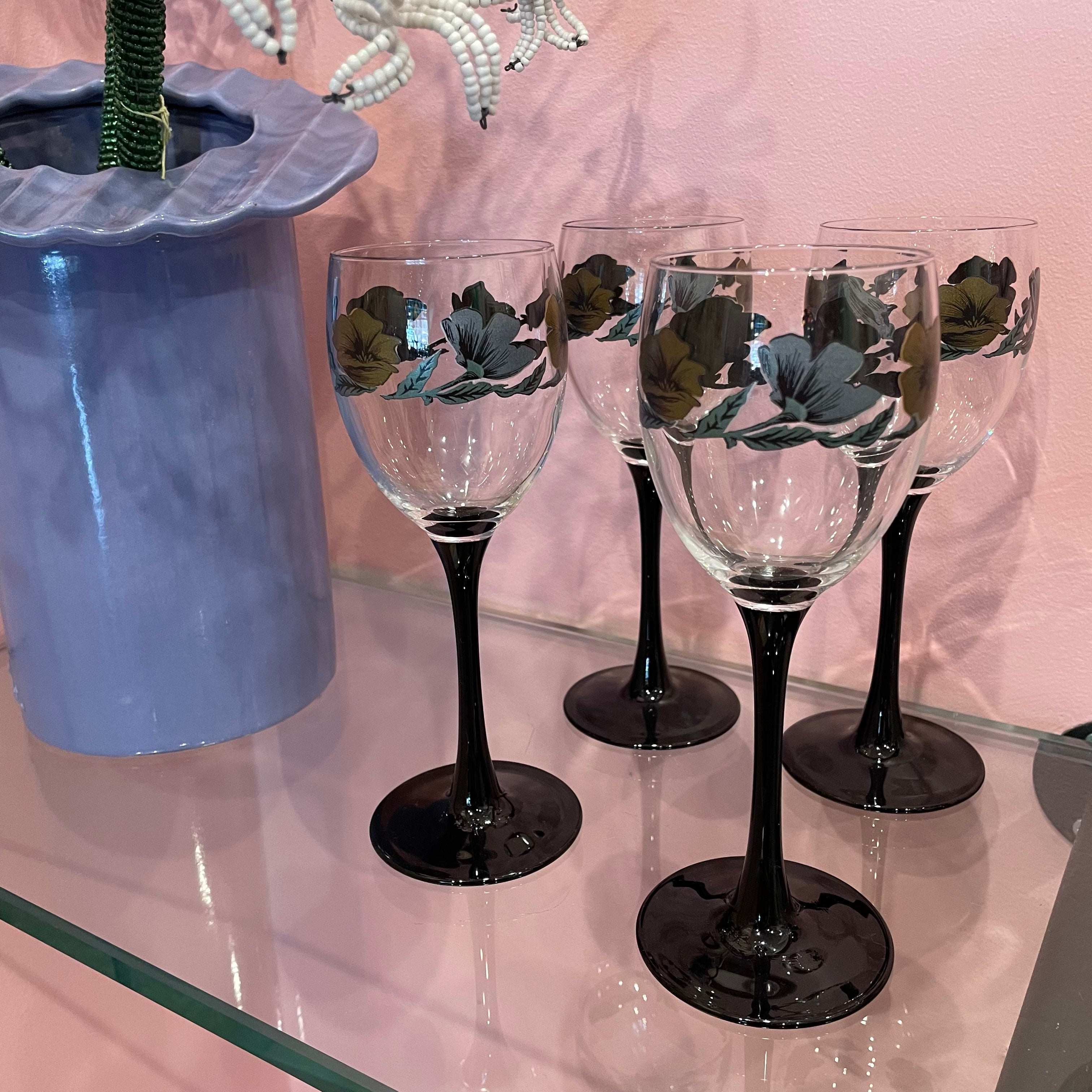 Vintage French Floral Wine Glasses by Luminarc - Set of 4