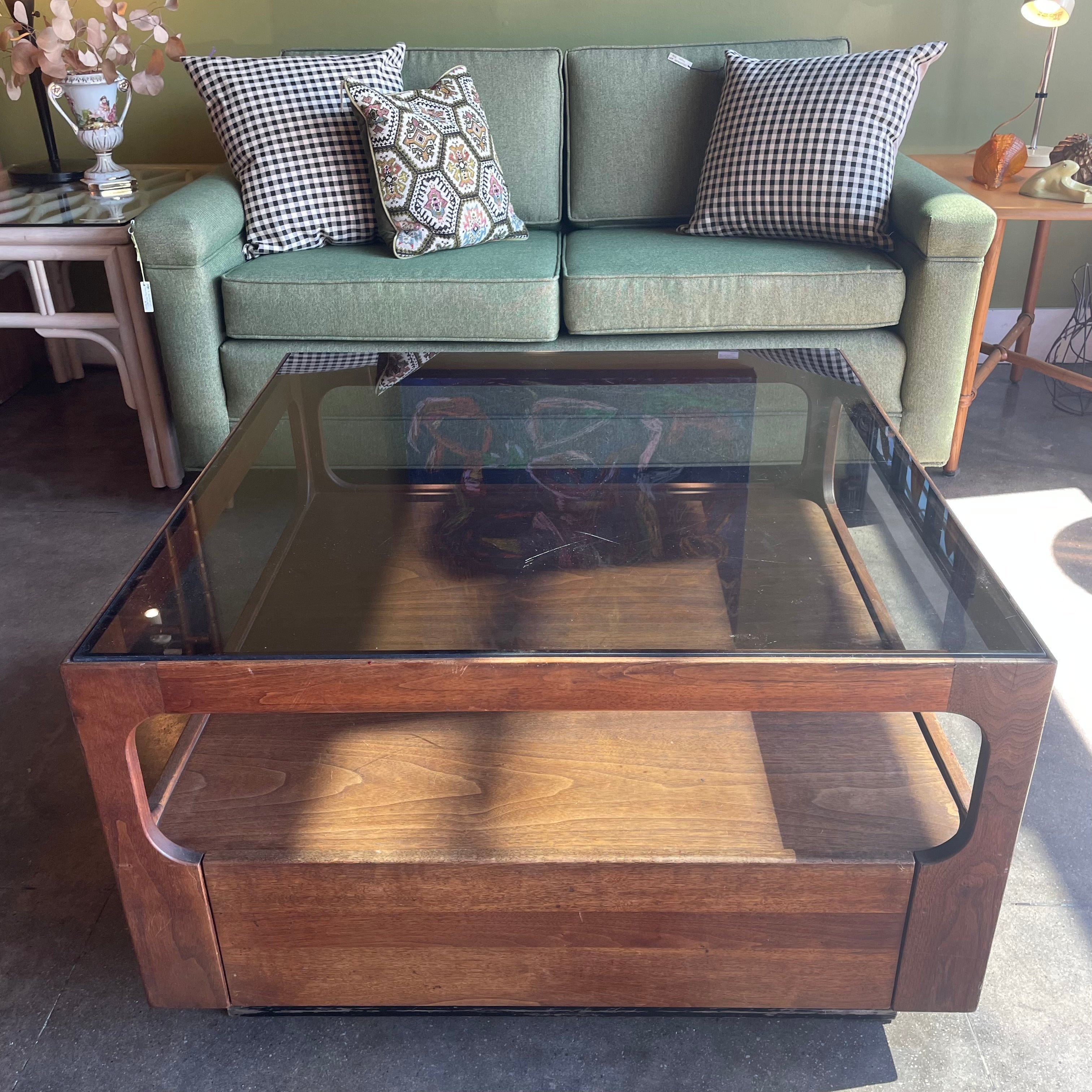 1970's Walnut + Glass Coffee Table by Brown Saltman