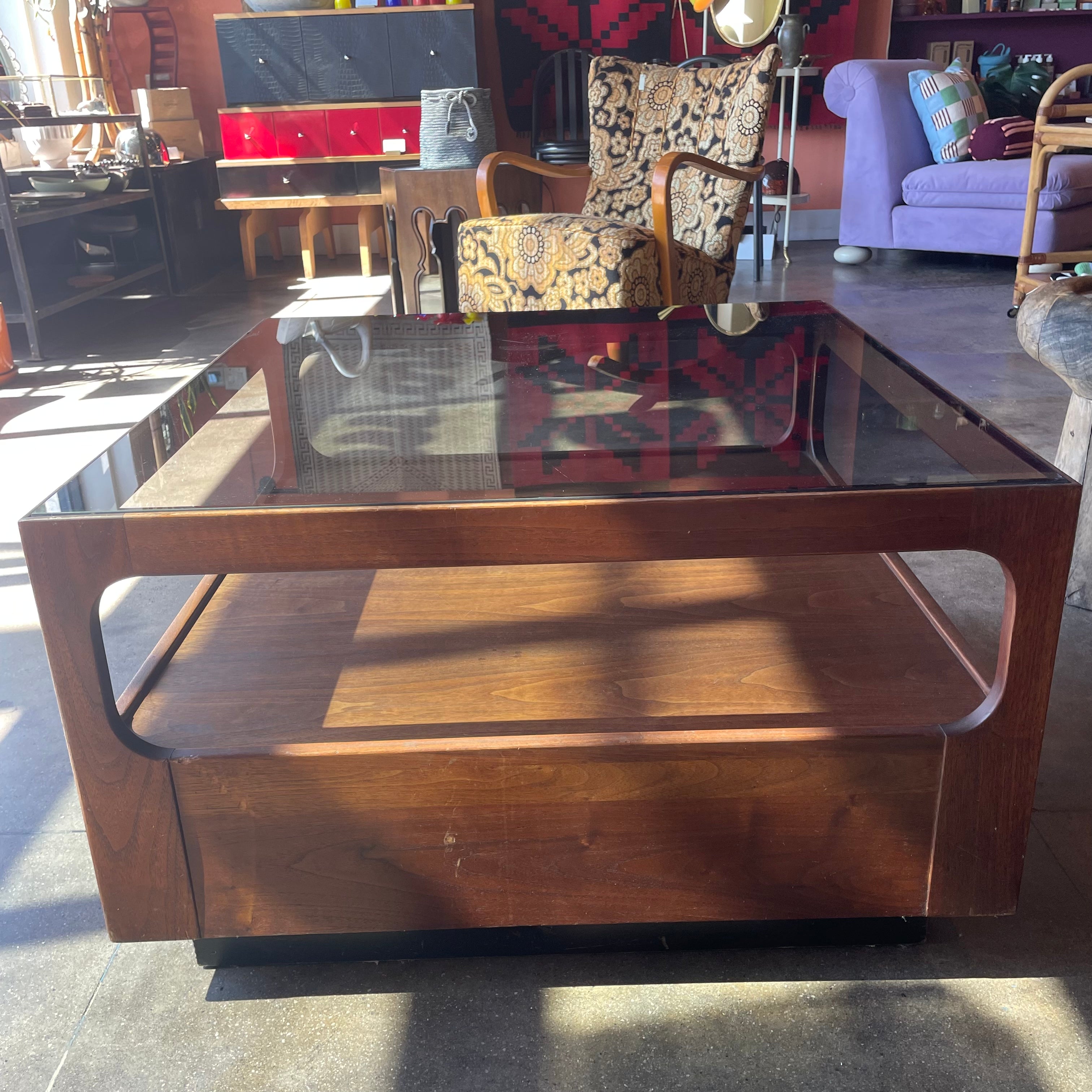 1970's Walnut + Glass Coffee Table by Brown Saltman