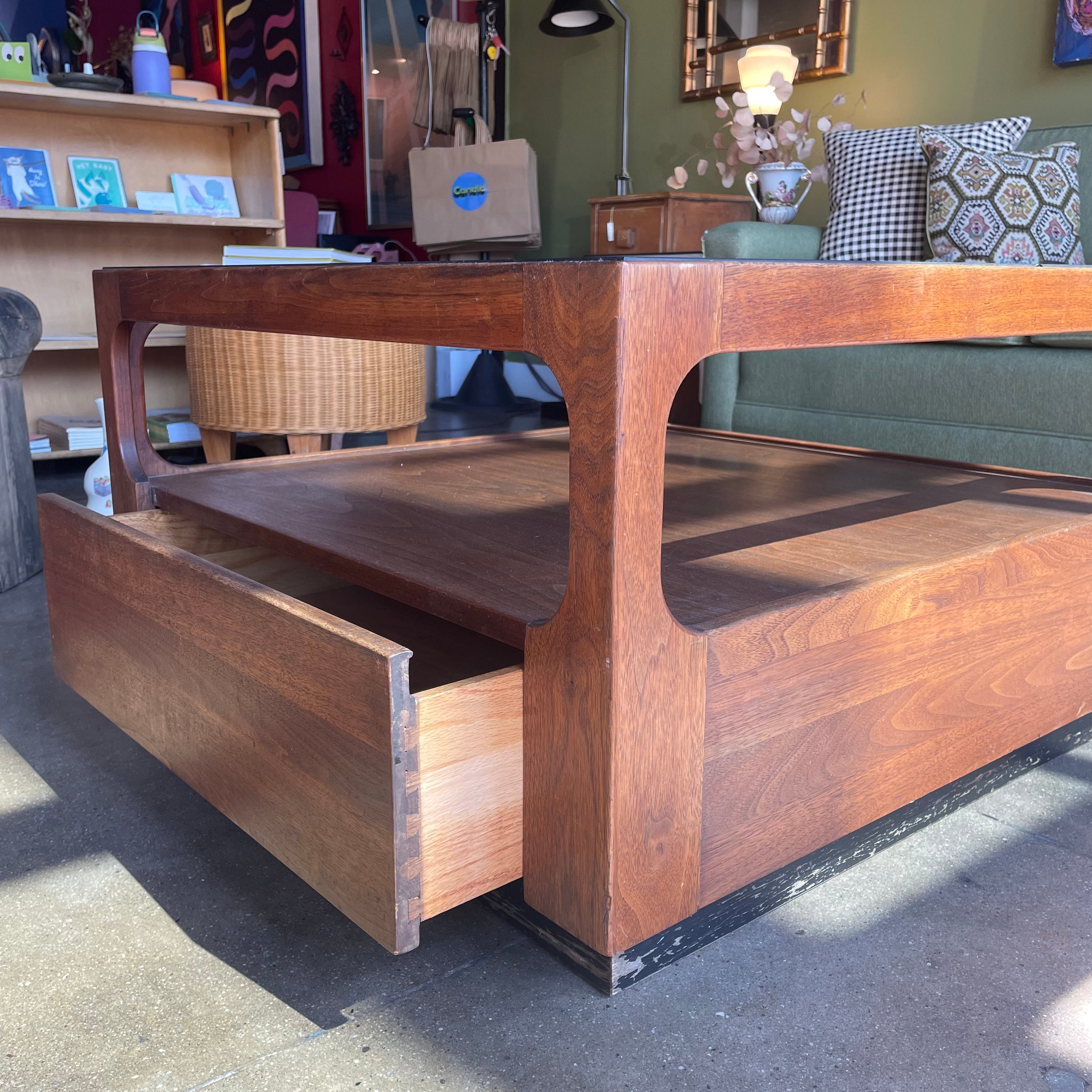 1970's Walnut + Glass Coffee Table by Brown Saltman