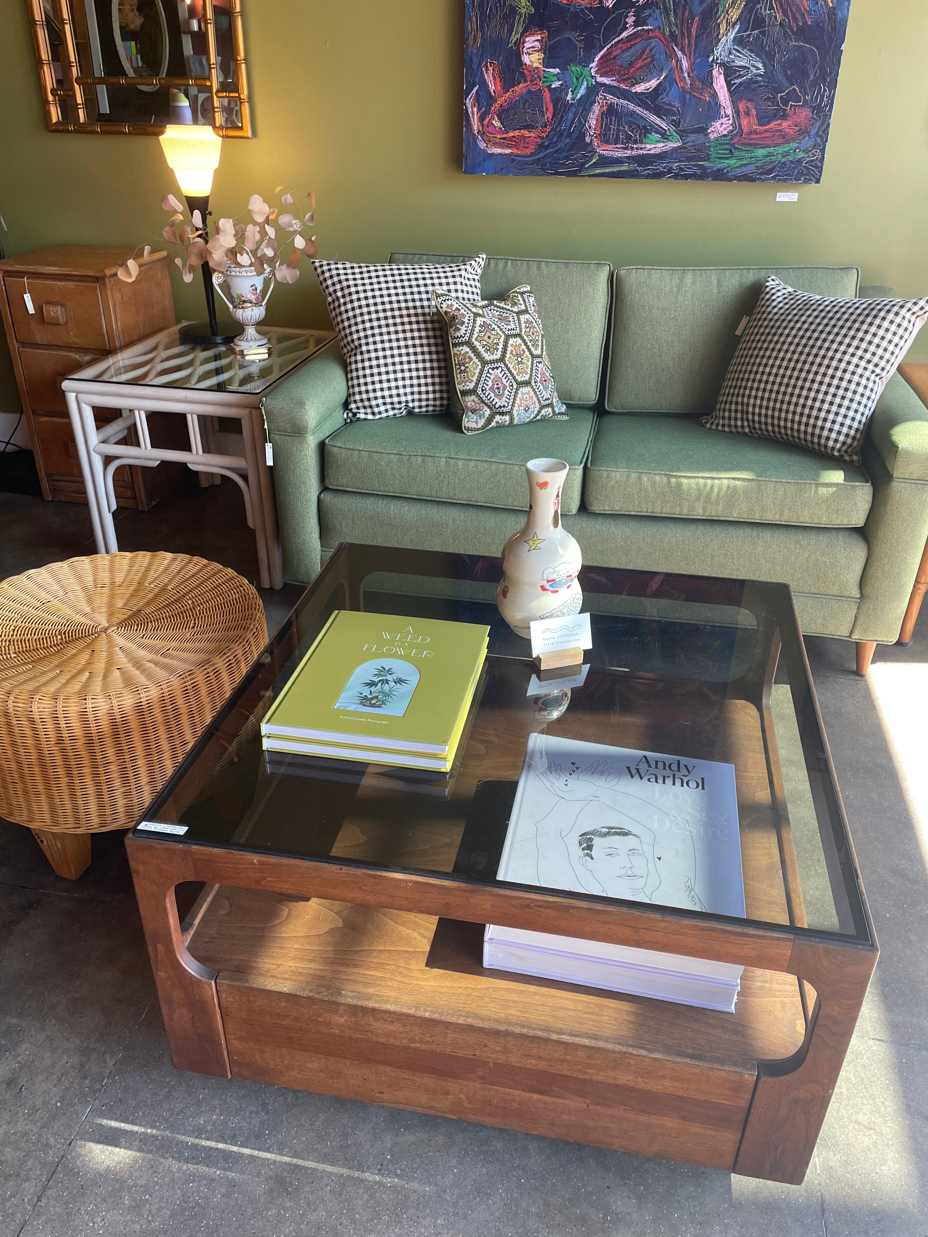 1970's Walnut + Glass Coffee Table by Brown Saltman