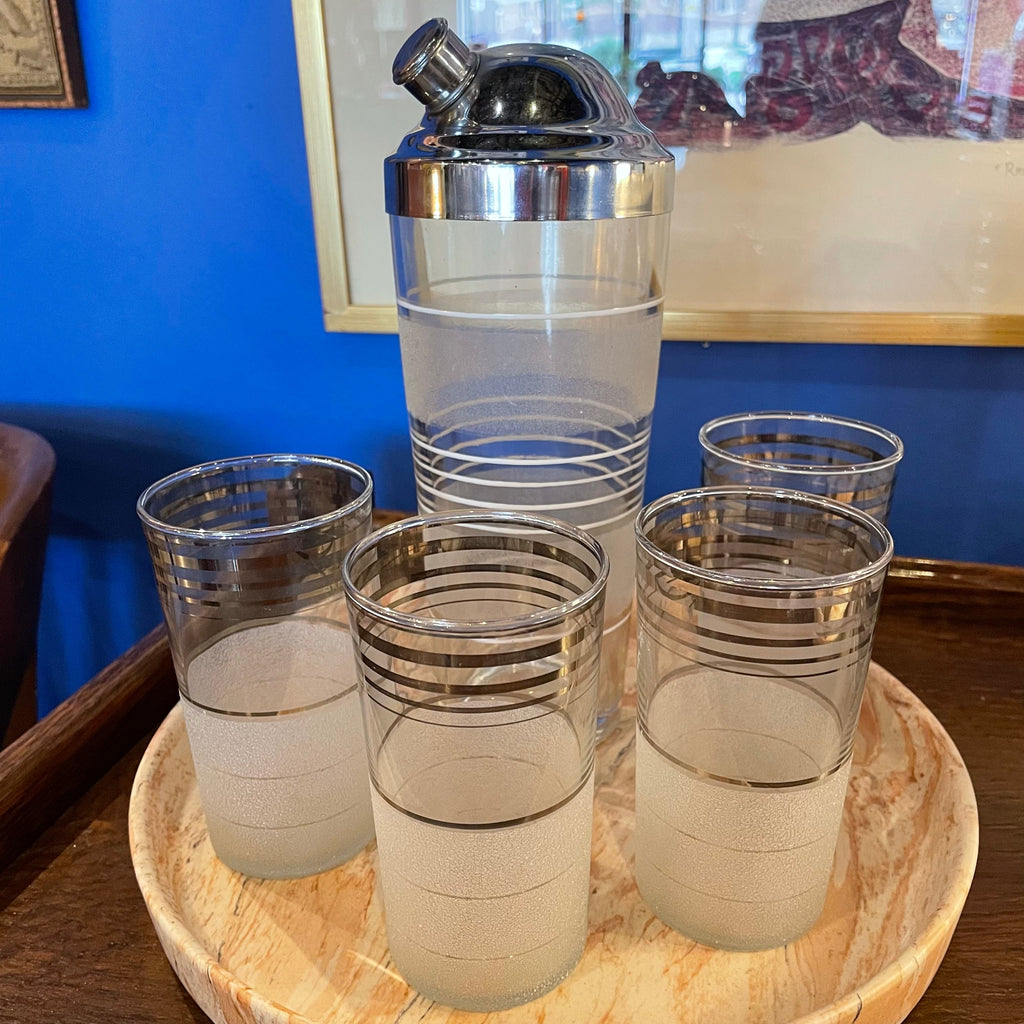 1950's Frosted Glass Shaker + Cocktail Set
