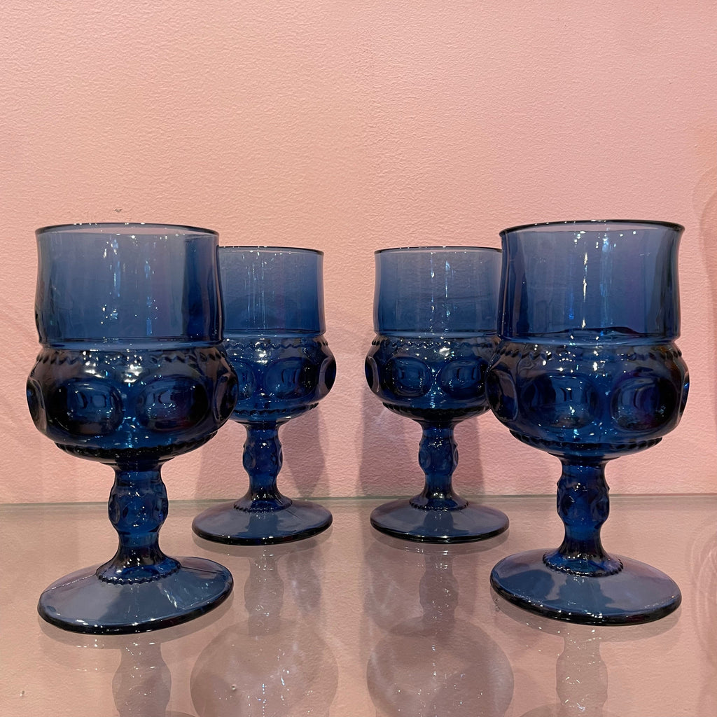 Vintage Blue Glass Wine Goblets - 2 Available