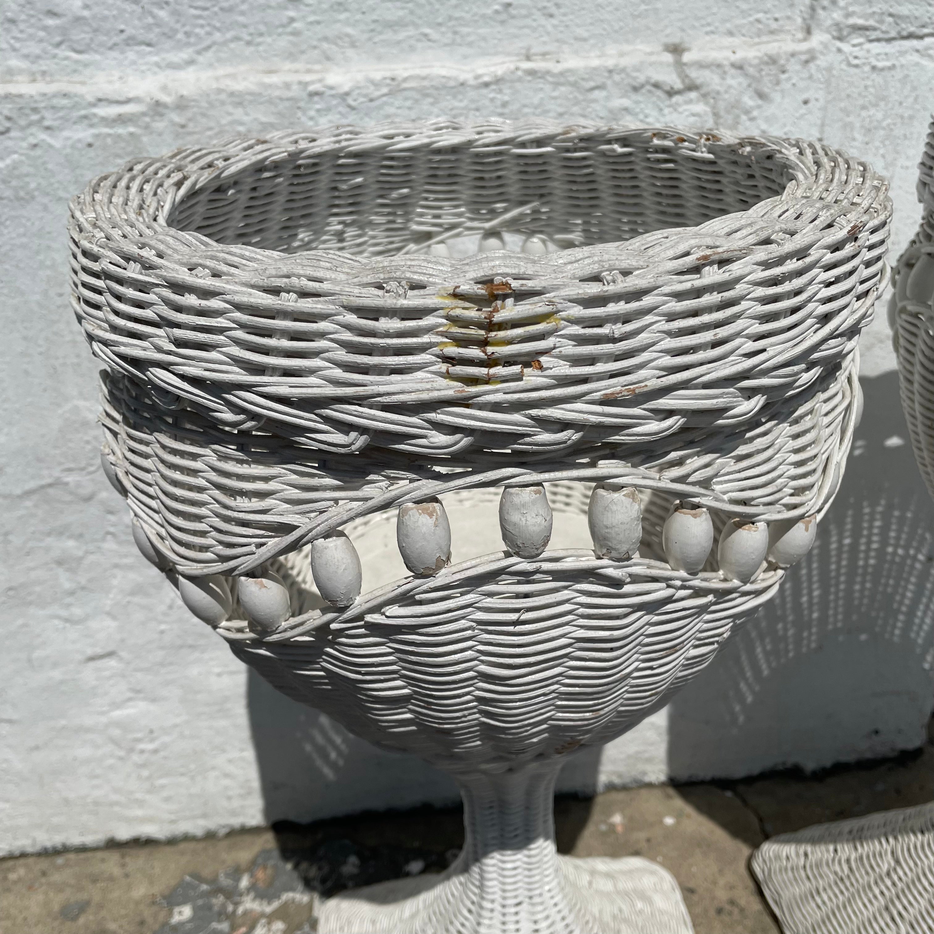 1970's White Wicker Planters - A Pair