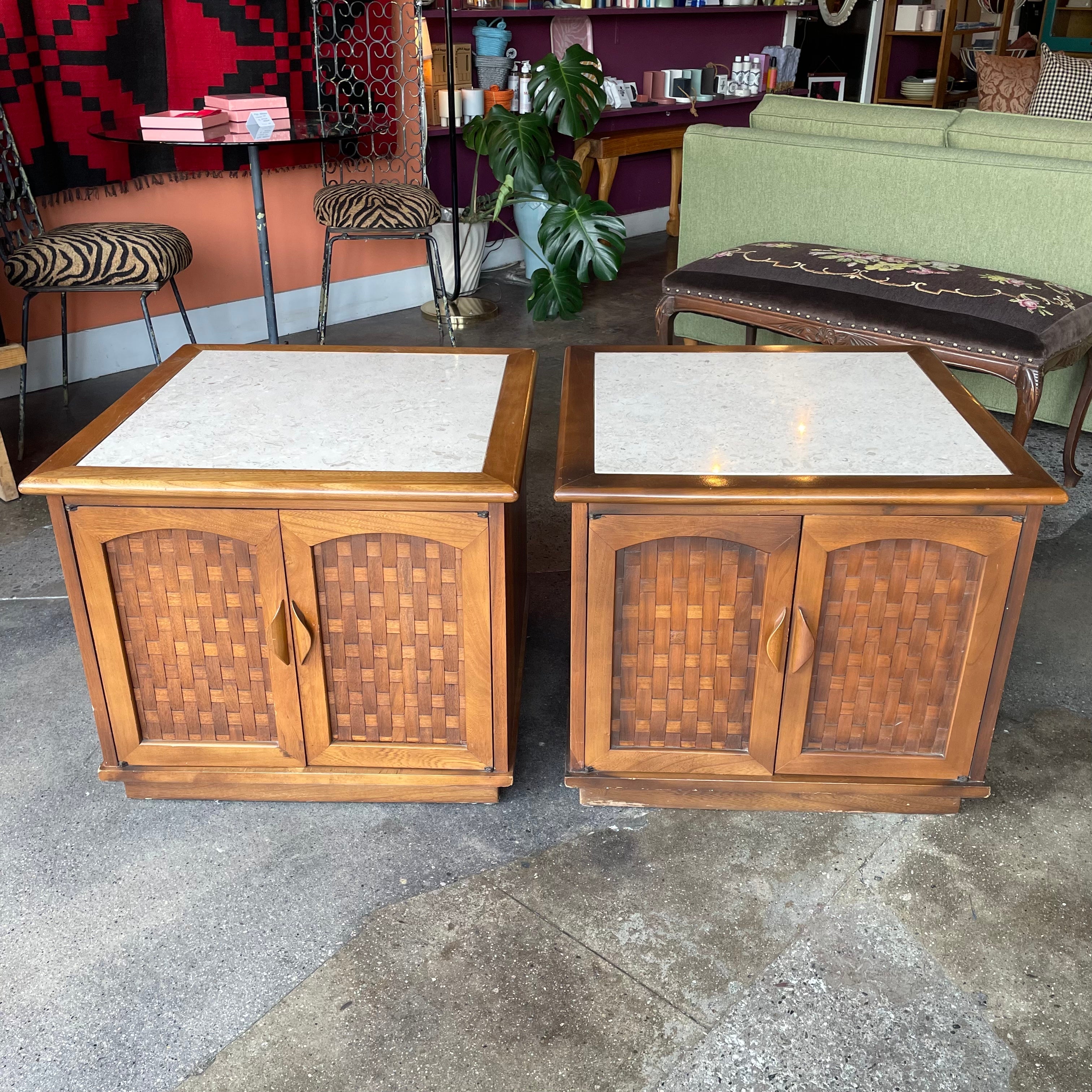 1960's Vintage Travertine + Walnut "Perceptions" Nightstands by Lane