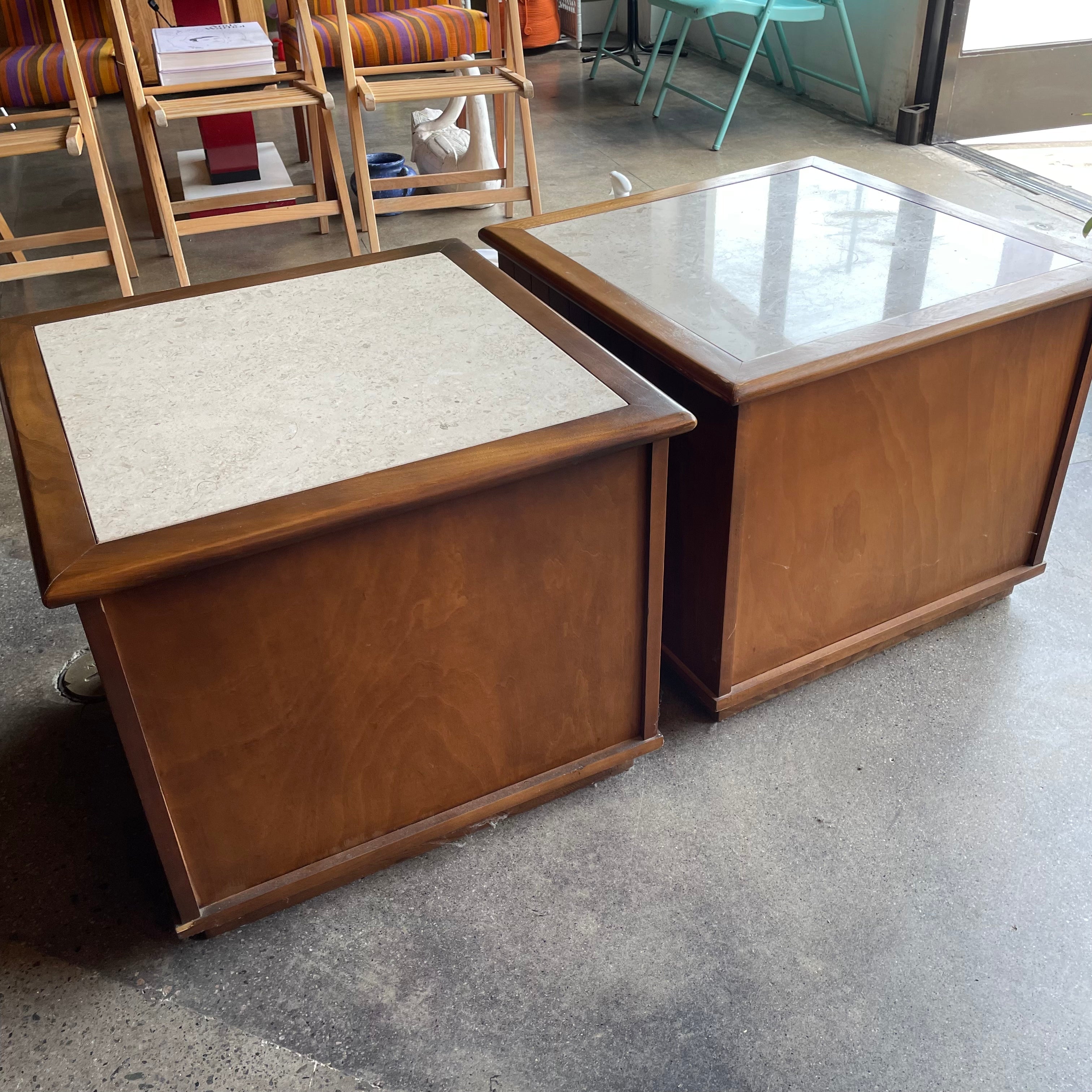 1960's Vintage Travertine + Walnut "Perceptions" Nightstands by Lane