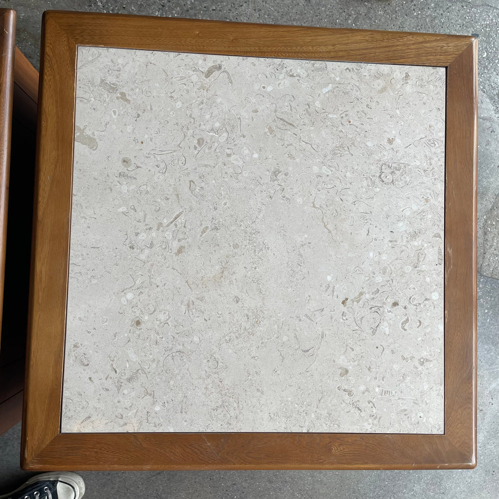 1960's Vintage Travertine + Walnut "Perceptions" Nightstands by Lane